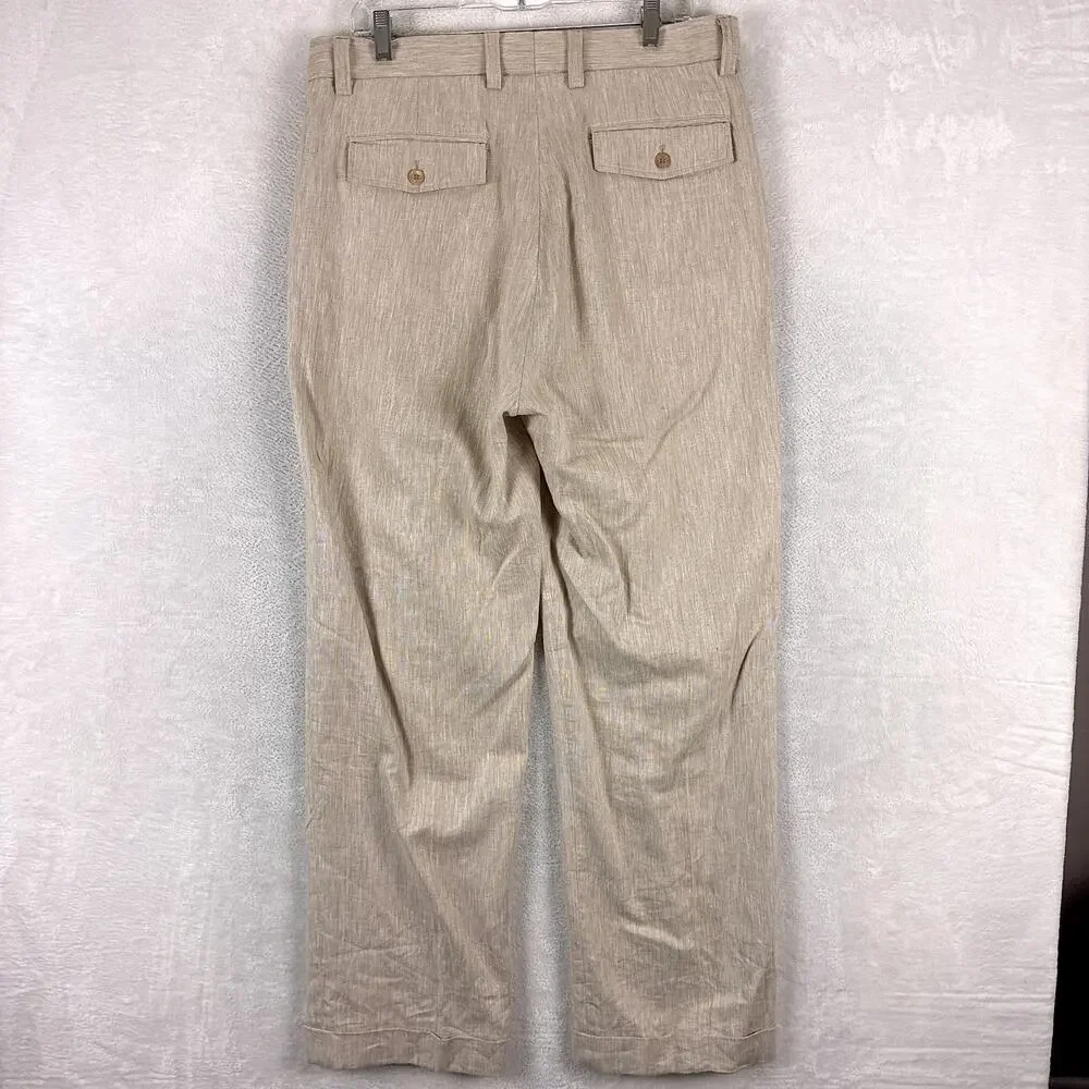 VTG Prestige Pants Men 34 Beige Linen Pleated Cuffed Preppy Summer Classic 90s